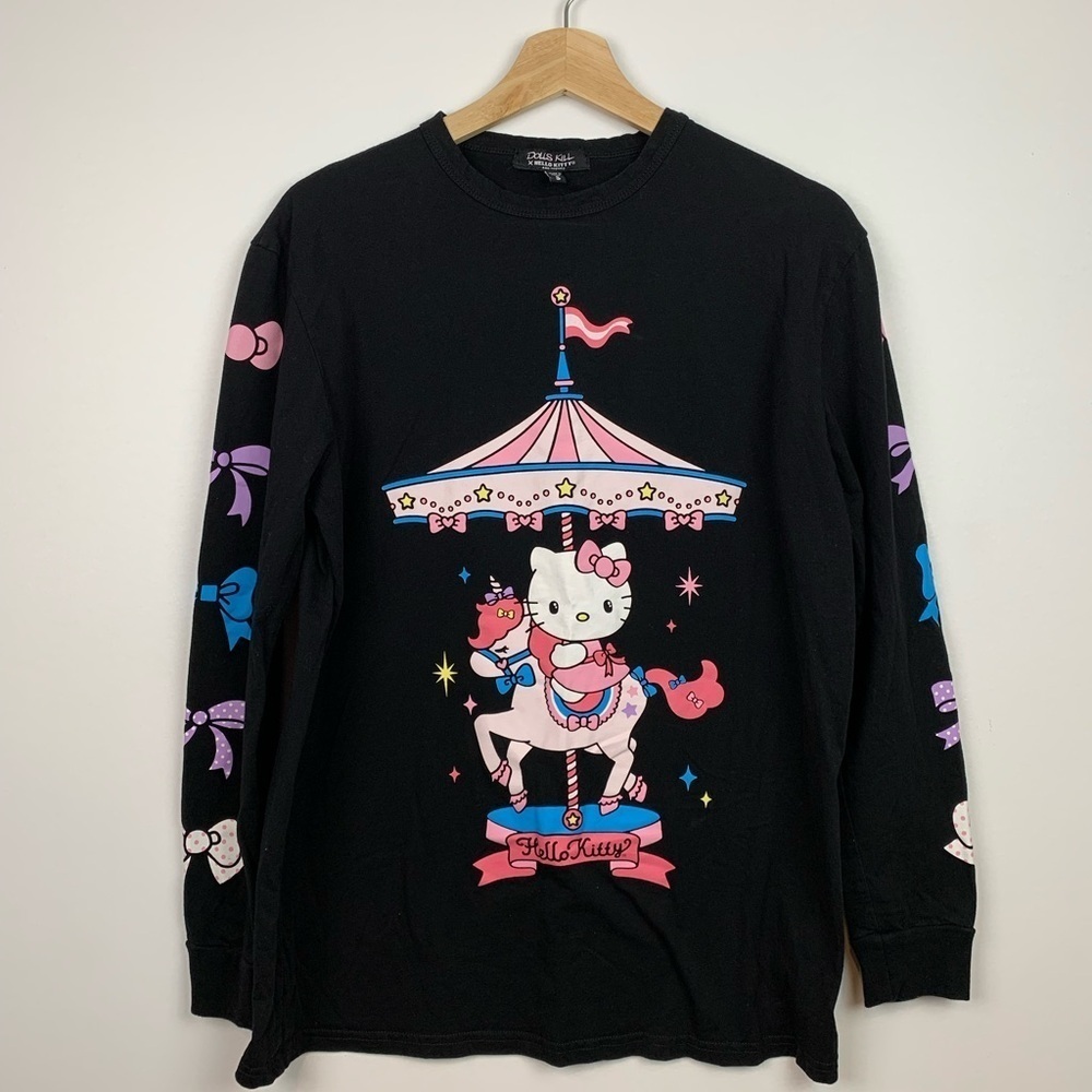 Dolls Kill x Hello Kitty Long Sleeve Tee Merry Go Round Sz Small Bows Black